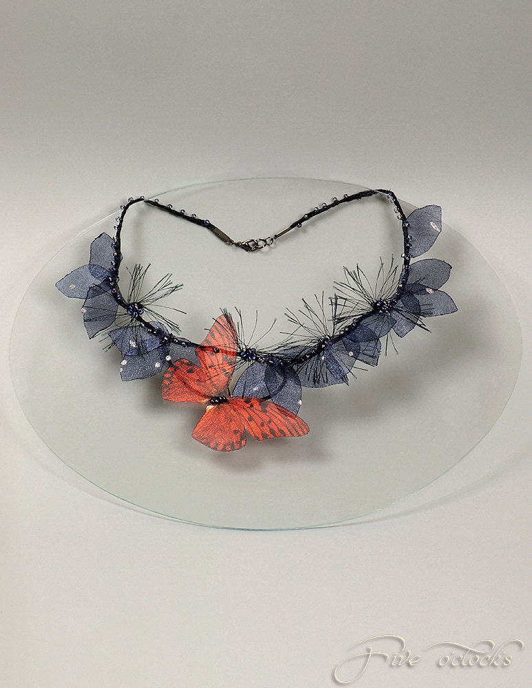 Statement butterfly necklace. Whimsical necklace with blue layered leaves. Wedding choker with black flowers and red butterfly.