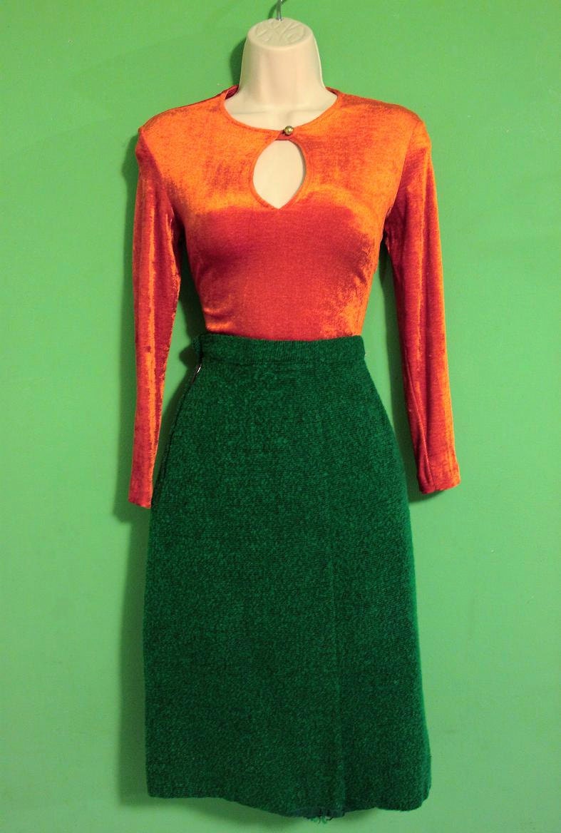 Vintage 70s Groovy Orange Velvet Keyhole Blouse XS Womens Trippy secretary gothic kitsch clothing
