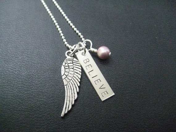 I BELIEVE 16 inch Sterling Silver Necklace with Swarovski Pearl or Crystal Necklace - 16 inch Sterling Silver chain - Angel Wing Necklace