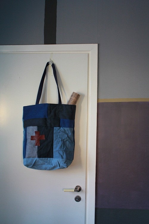 SALE Patched Cotton Cross xlarge Tote Denim Blue