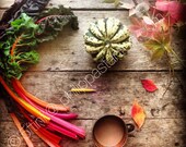 Still Life, Limited Edition Signed Print of The Table featuring Rainbow Chard, a Local Squash and a Vintage Lakeland Crayon. 30cm x 30cm