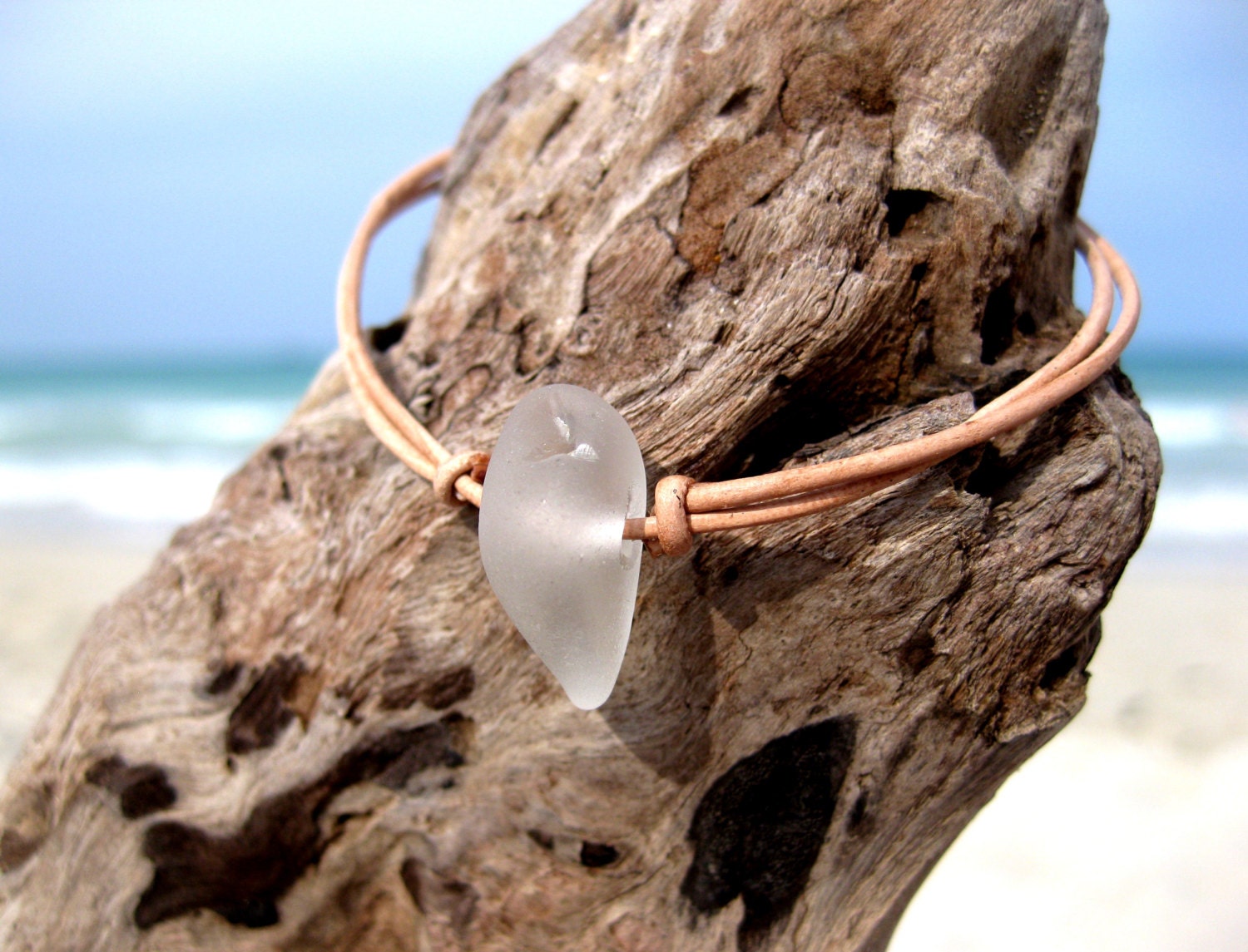 Hawaiian Clear Beach Glass on India Leather Cord Completely Adjustable & Stackable Bracelet
