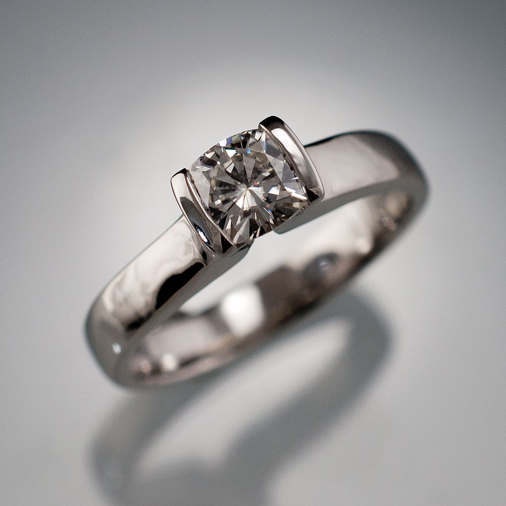 Cushion Cut Moissanite Ring Modified Tension Set Solitaire Engagement Ring in Palladium Alternative Engagement Ring