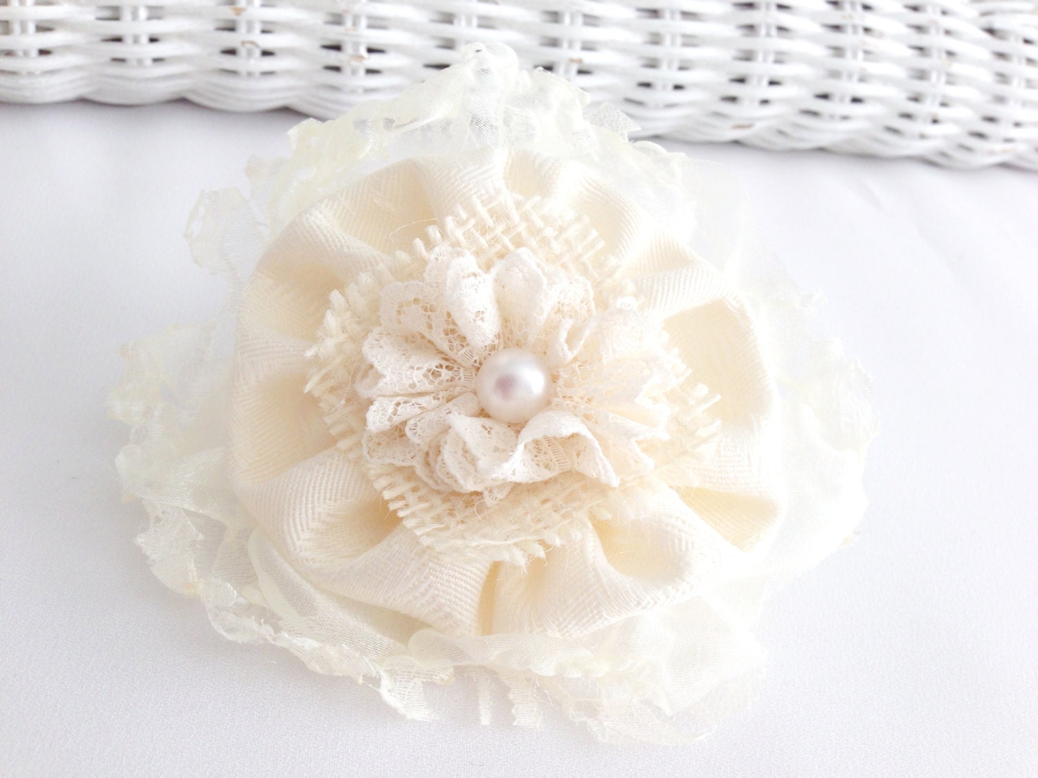Ivory Fabric Flower Pin, Bridal Hair Piece,  Burlap, Wedding Accessory,  Pin or Clip  Included, Made to Order
