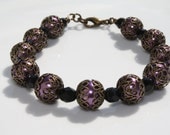 Antique Brass Vintage Style Purple Glass Pearl Bead Bracelet with Black Czech Crystals