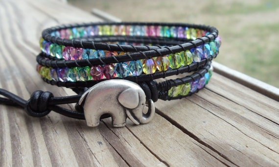 Chan Luu Wrap Bracelet, Black Leather, Elephant button,Triple Wrap, Multi colored Czech Faceted beads