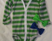 Green and grey striped faux cardigan with bow tie of choice