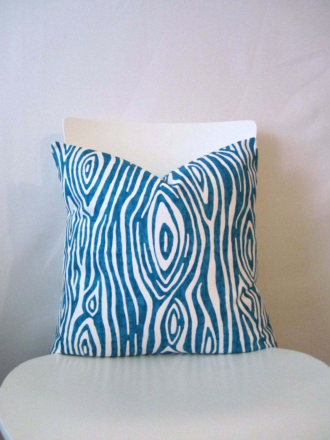 18 inch throw pillow cover, Teal Turquoise blue. Faux Bois Wood Grain modern print. For indoor use.
