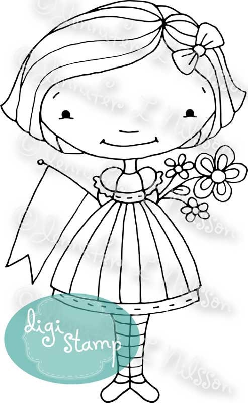 Digital Stamp - Three Cheers - Girl with flowers and banner digistamp