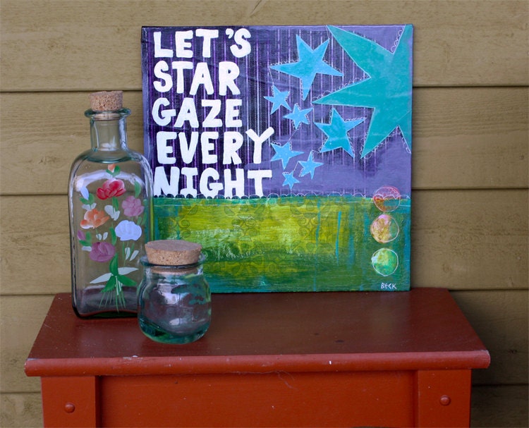 Folk Art Painting - 12x12 collage,  affordable artwork, typography art,  camping art, typography painting, let's star gaze every night