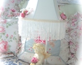 ROMANTIC Vintage Lamp Angel CHERUB Fringe Gorgeous Pink ROSES Floral Bouquet Shade Cottage Chic