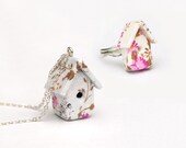 Floral Birdhouse Gift Set - Miniature birdhouse necklace and matching ring set.
