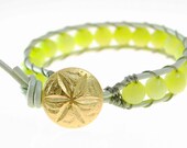 Green Leather wrap bracelet - beach jewelry - tender shoots green beaded leather bracelet - jade gemstone - gold sand dollar