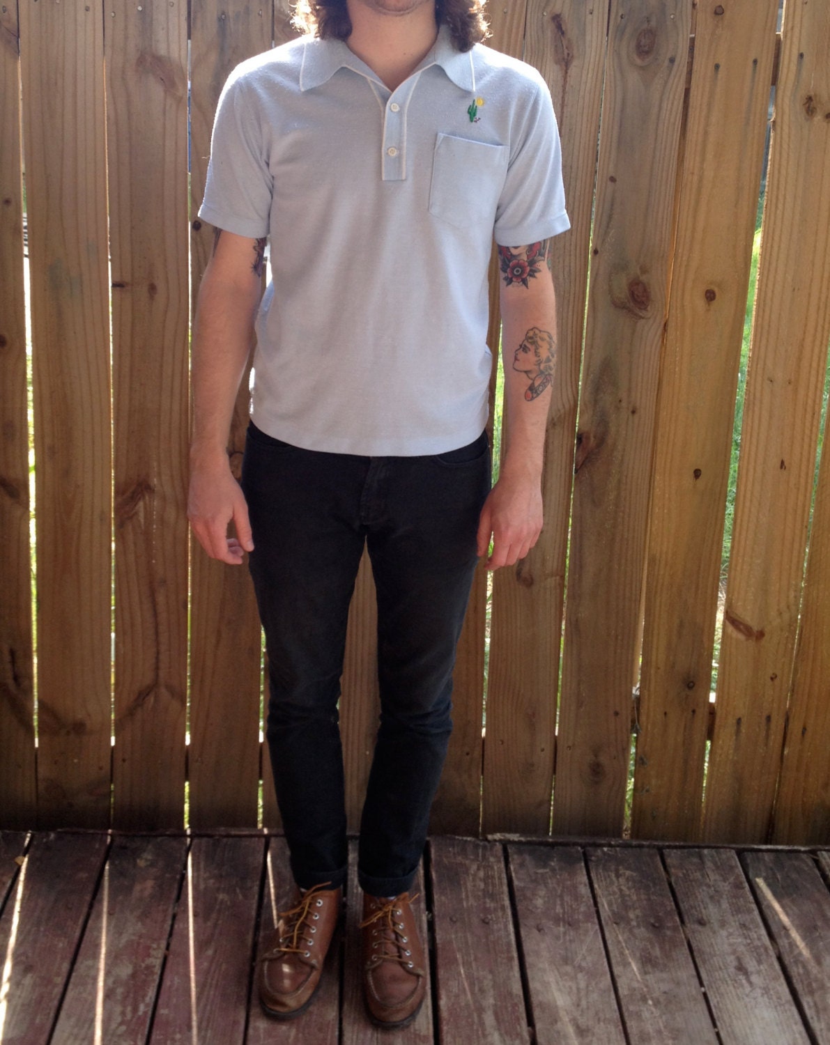 Vintage 70s Light Blue Button Up Short Sleeve Polo with Cactus Size Small