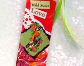 WILD SWEET LOVE - Bird Bookmark,  Mixed Media Collage, Original Art, Tangerine, Green, Violet