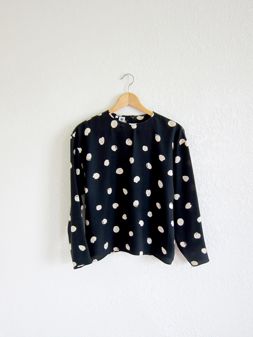 80s UNGARO Parisian black and tan polka dot blouse with zipper wrists