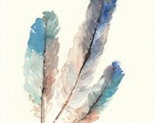 Bird Feathers, Original Watercolor Painting, 5x7, jade, green, slate blue, grey, brown