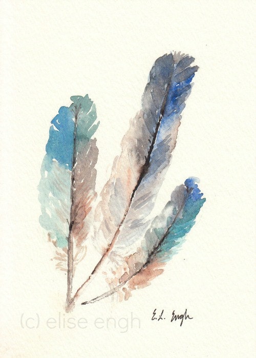 Bird Feathers, Original Watercolor Painting, 5x7, jade, green, slate blue, grey, brown