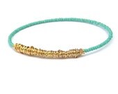 Beaded Bangle Bracelet // Turquoise Blue & Gold // Eco-Friendly Gift // Vintage Seed Beads, Gold Wire Wrap // Recycled Jewelry // Summer