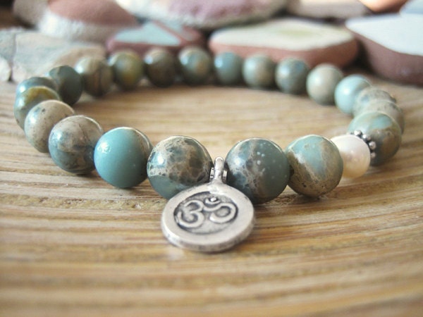 Yoga Bracelet - Silver Om Charm Mala Beads Bracelet, Aqua Terra Jasper and Freshwater Pearl, Variscite Bracelet, Spiritual Jewelry
