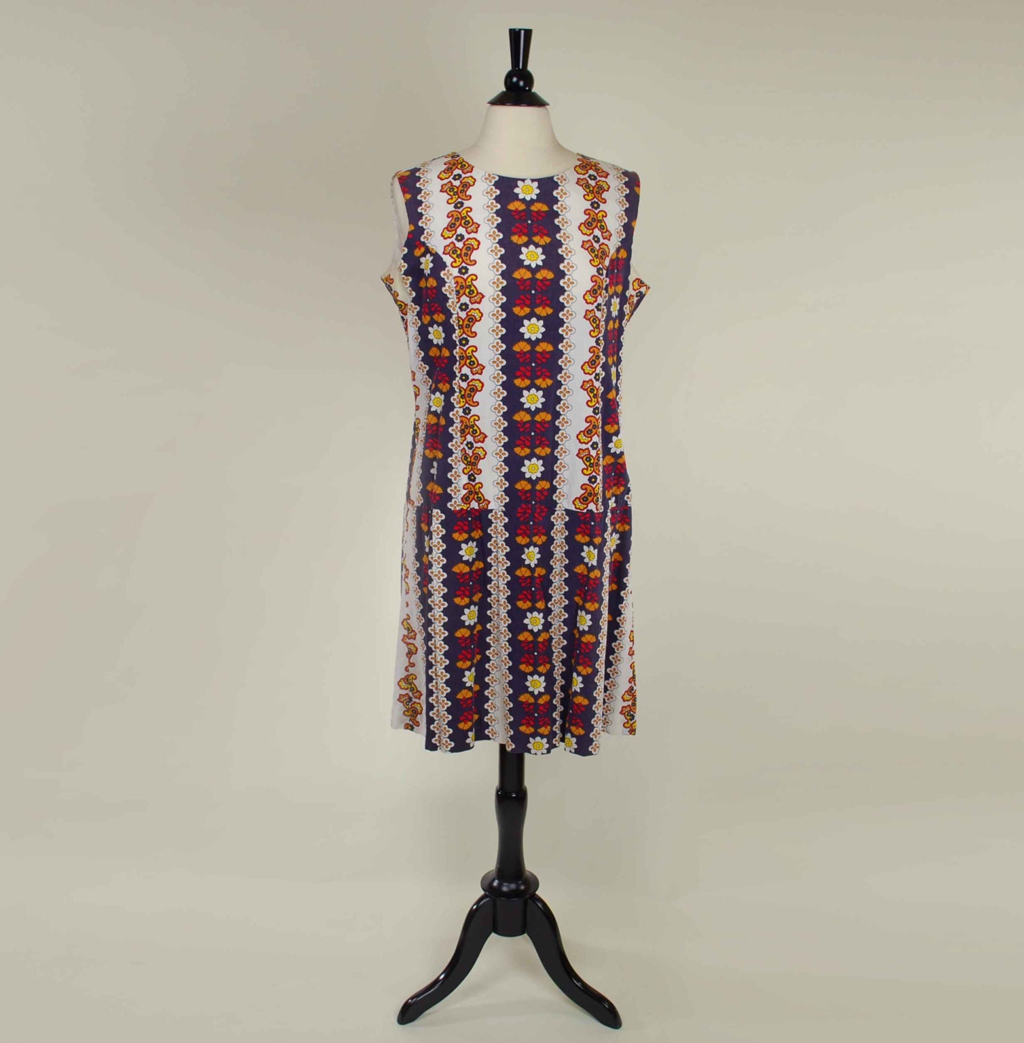 60s Mod Drop Waist Dress by Coquette // Vintage Blue, Red, Yellow, & White Graphic Print Sleeveless Summer Dress with Pleated Skirt