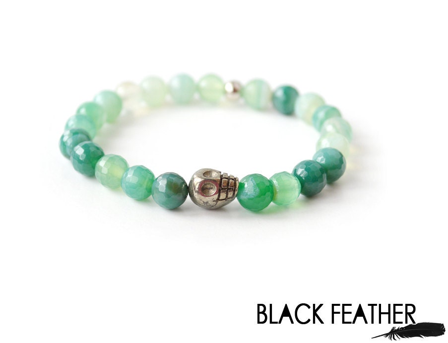 Mens Skull Bracelet Green and Pyrite Skull