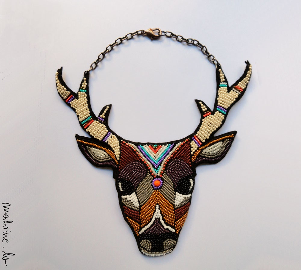 Colorful beaded statement animal necklace, with deer  "The Nature in You" - MADE TO ORDER