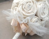 READY TO SHIP - Fabric Flower Alternative Wedding Bouquet - Fabric Rosettes, Birch Wood, Lace, Bows, Winter White, Champagne, Cream