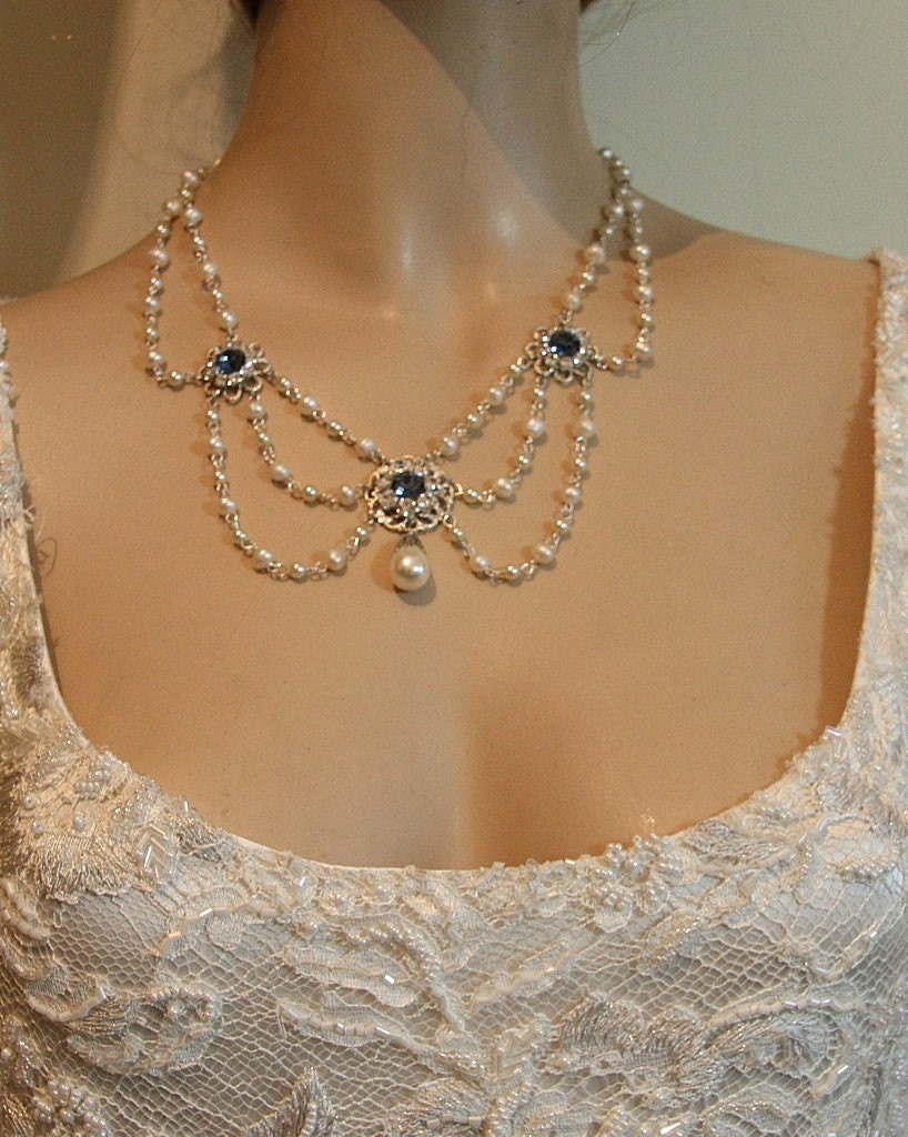 Vintage Bridal Necklace,Wedding Necklace,Bridal pearl Necklace, Blue Sapphire Necklace,Victorian,Rhinestone,Silver,Something Blue - Florence