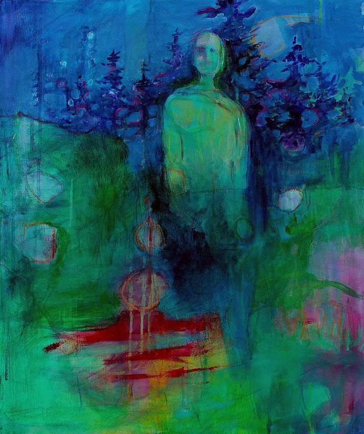 Landscape Painting Figure Blue Green "Forest Guardian"