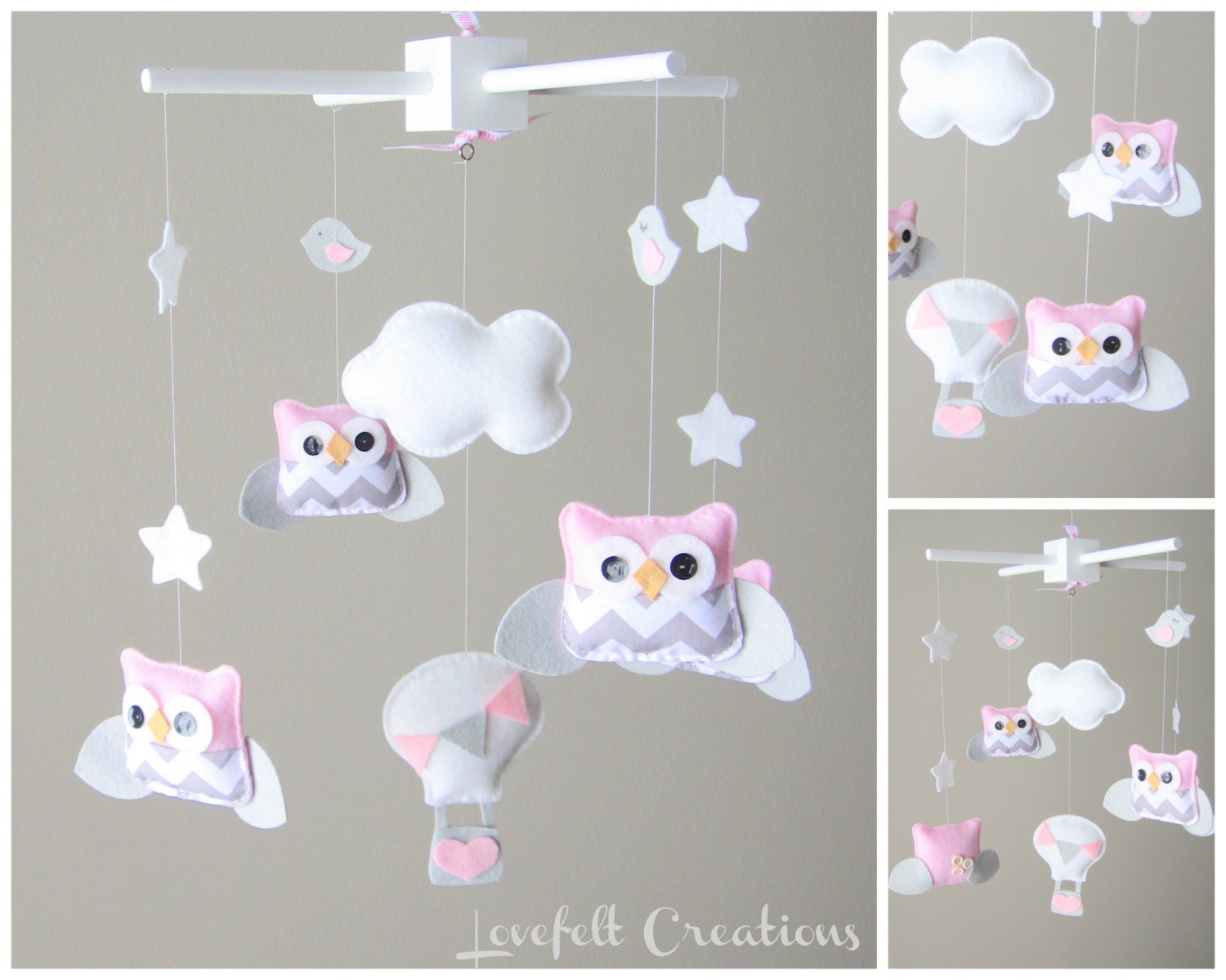 Baby Mobile - Owl Mobile - Pink and Gray Mobile - Hot air balloon mobile - Pick your colors :)
