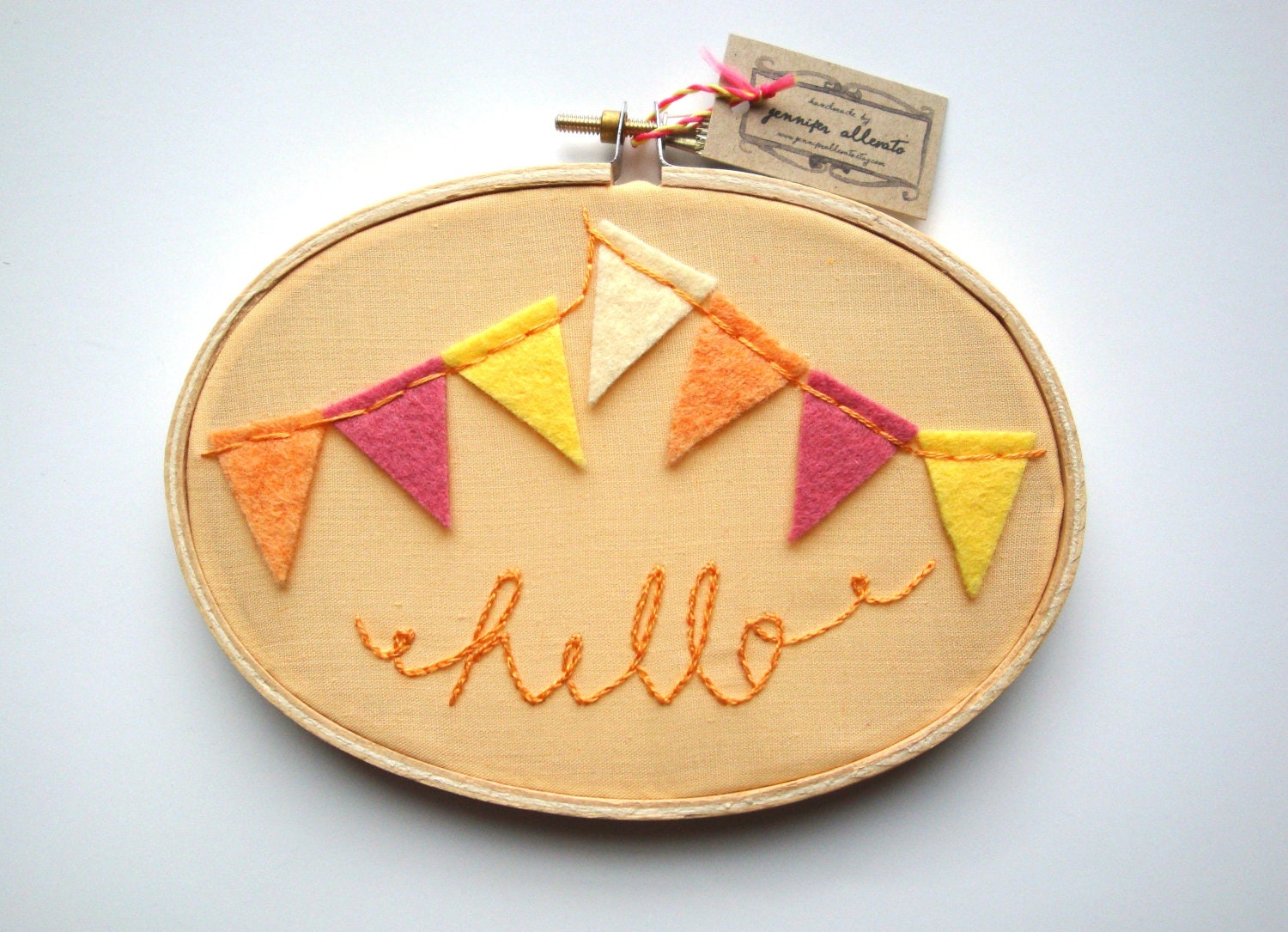 hello art hand embroidery hoop art hello bunting banner art peach kids room decor