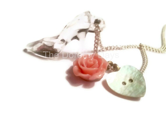 charm necklace shoe girly english rose cinderella mother of pearl heart pink fairytale