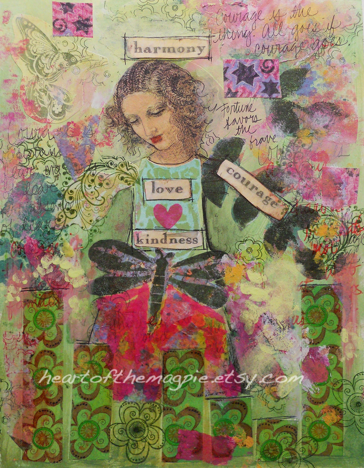 Courage //  Inspirational // Original mixed media collage // Love Kindness Harmony // Pink Green //  - 9 x 12
