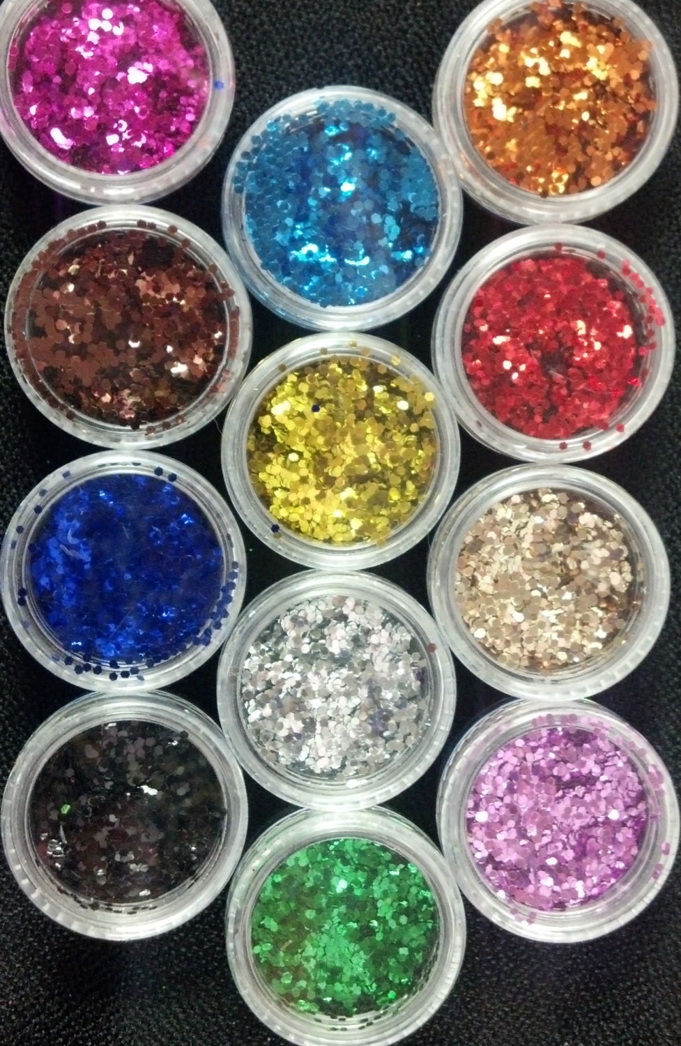 Nail Art Glitter Supply / set of 12 / small hexagon glitter  / Vibrant shades of Summer pink purple orange gold silver blue green