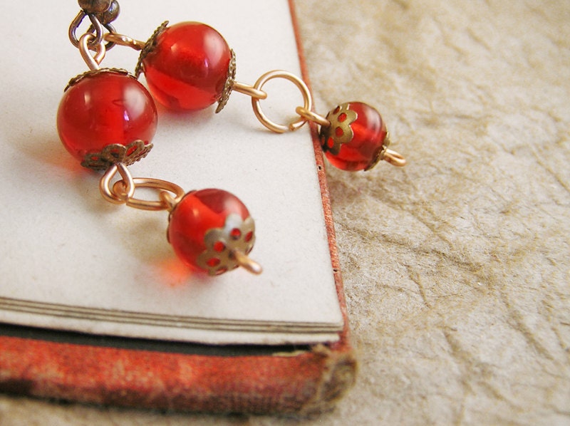 Red glass dangle earrings. Vintage style jewelry. Victorian style bead & copper. handmade earrings