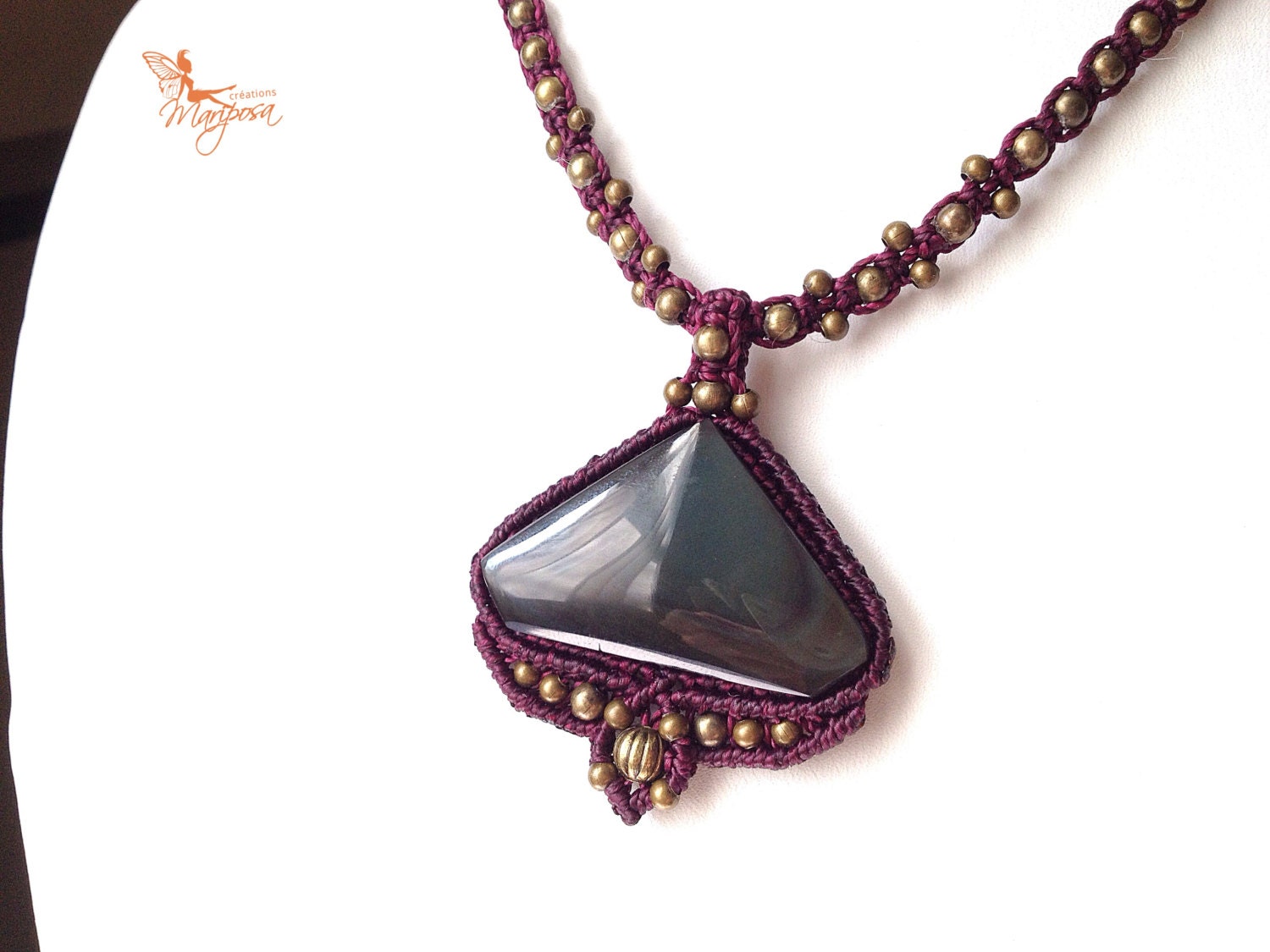 Hippie-chic handwoven obsidian necklace with antique bronze beads micro macrame adjustable in length boho gypsy bohemian stone tribal