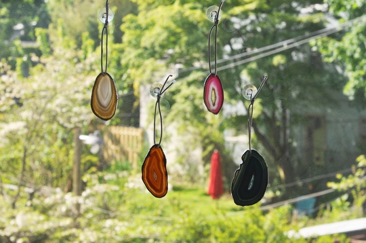 Agate Geode Ornament - group 9 - natural agate - teal agate - pink agate - amber agate - silver edge - eco friendly