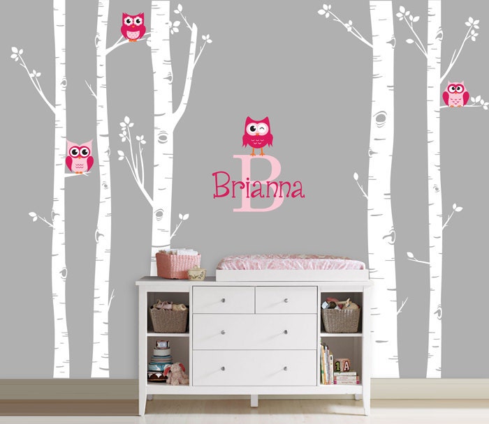 Owls and Birch Tree Forest Wall Decal, Birch trees, Birch forest, Birch Tree Owl Wall Vinyl for Nursery, Kids or Childrens Room