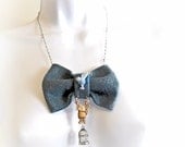 Handmade Felt Bow Necklace with Hanging Cat, Bircage and Whimsical Bird - Dusty Blue - Silver - Unique Jewelry for a Unique You