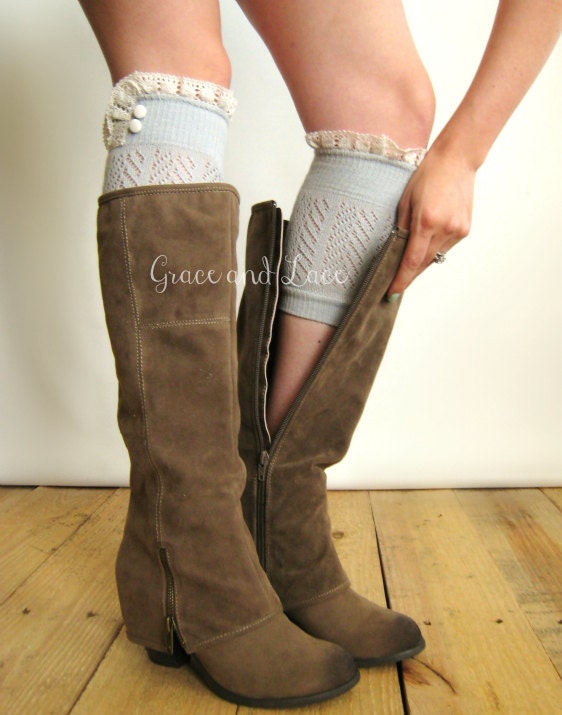 Dainty Lace Boot Cuffs 3 colors- GREY strechy knit boot topper lace trim & buttons - faux legwarmers - lace cuff - leg warmers (C10-28)