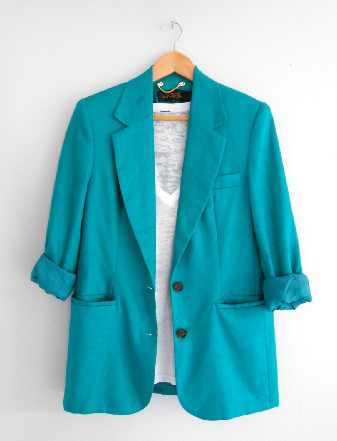 Turquoise Vintage Blazer Vintage Coat Outerwear Jacket Nordstrom Linen Blue Button up FREE SHIPPING