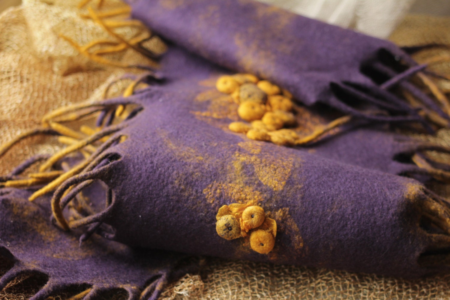 Hand felted scarf - saffron and blackberry