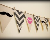 Gray Chevron print Gender Reveal Lips and Mustache Banner - Party Banner - Gray Chevron
