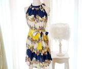 Resort Spring Floral Flower Chiffon Tie Neck Shoulder Pleated Tunic Dress Sundress Sash Navy Yellow