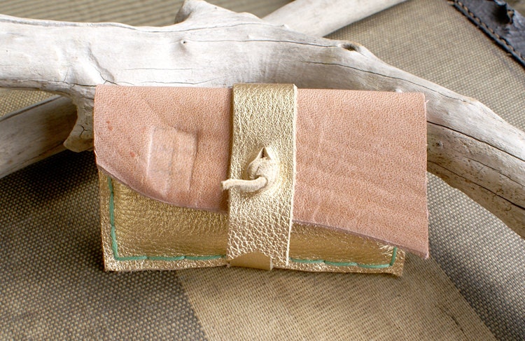 Business Card Holder in Pale Peachy Pink and Gold Leather with Mint Stitching