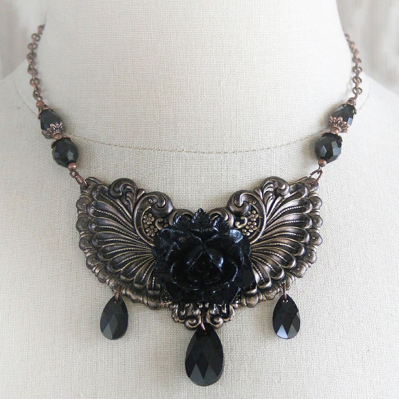 MELANCHOLY ROSE black rose necklace in aged, blackened brass and jet Swarovski crystal, matching earrings