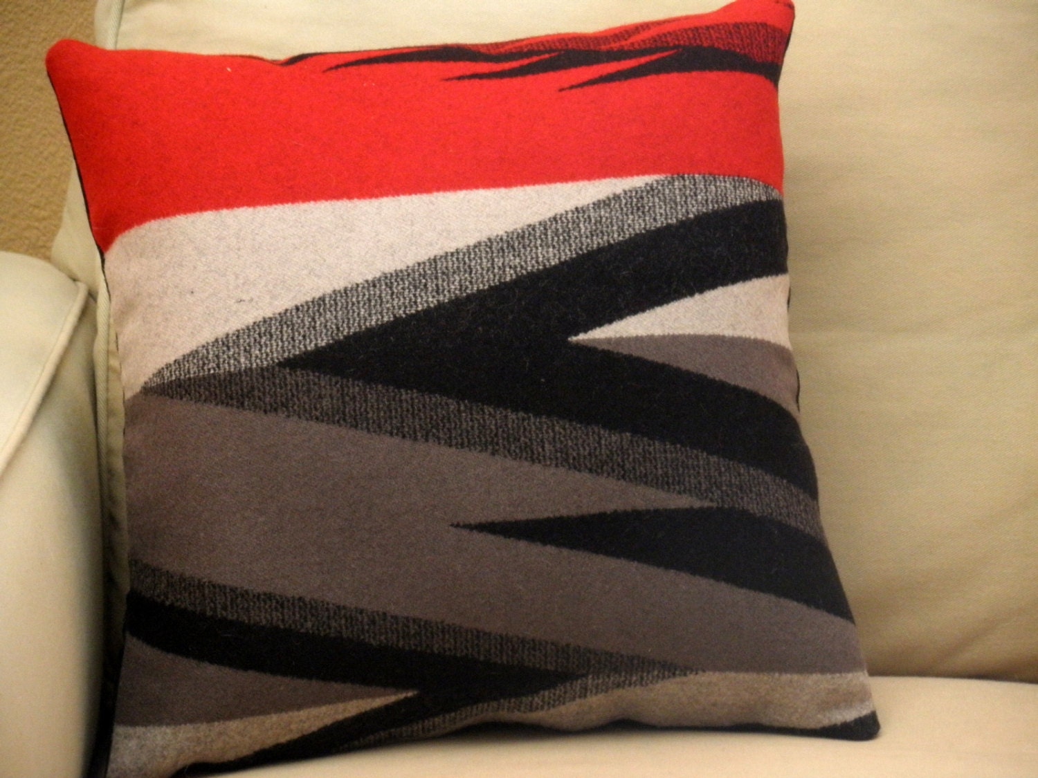 Modern tribal pattern,  authentic Pendleton wool fabric handcrafted in red, grey, and black  18 x 18