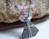Baby Pink and Silver Wire Wrapped Slate Wing Nut Angel Necklace