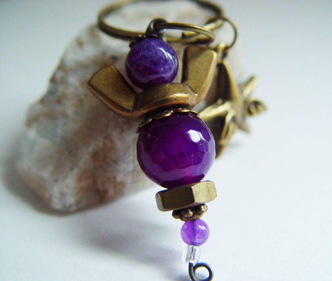 Purple Passion Beaded Antique Bronze Wingnut Star with Wings Angel Charm Keychain